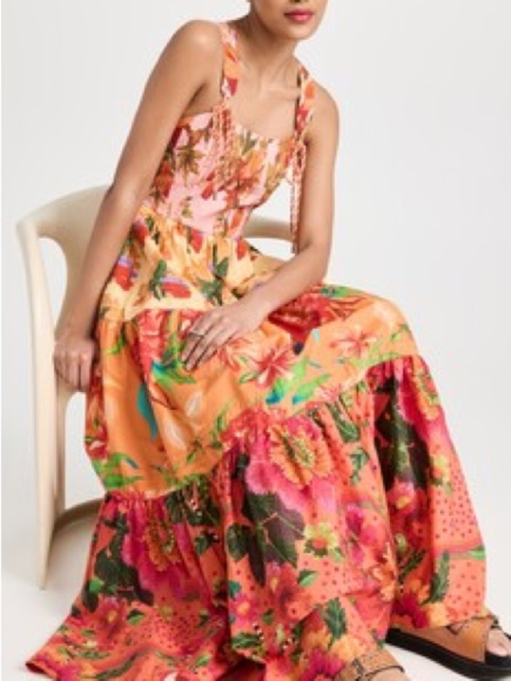 FARM Rio Vibrant Floral Tiered Maxi in Orange and Pink